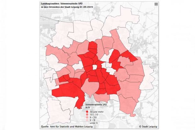 Wahlergebnisse der SPD am 1. September. Karte: Stadt Leipzig, Amt für Statistik und Wahlen