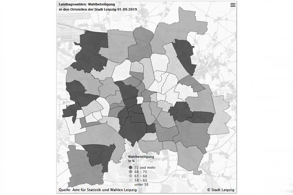 Wahlbeteiligung zur Landtagswahl am 1. September. Karte: Stadt Leipzig, Amt für Statistik und Wahlen