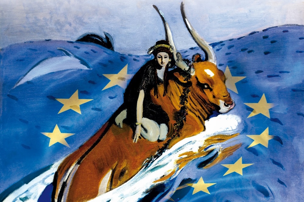 „Die Entführung Europas“ – Montage aus dem Gemälde „Der Raub der Europa“ von Walentin Alexandrowitsch Serow (1910) und der Europaflagge. Quelle: HTWK Leipzig