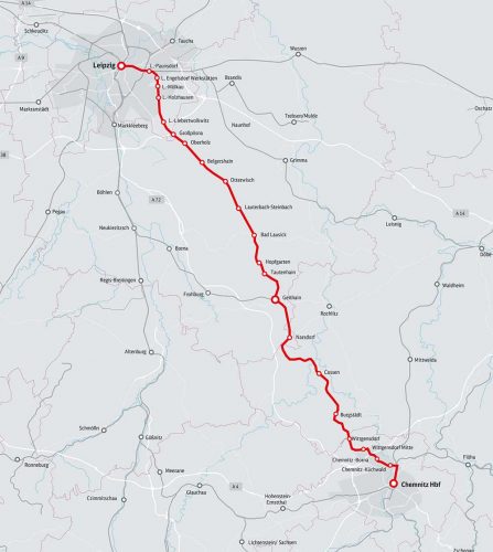 Der geplante Streckenverlauf der Trasse Leipzig - Chemnitz. Karte: Deutsche Bahn