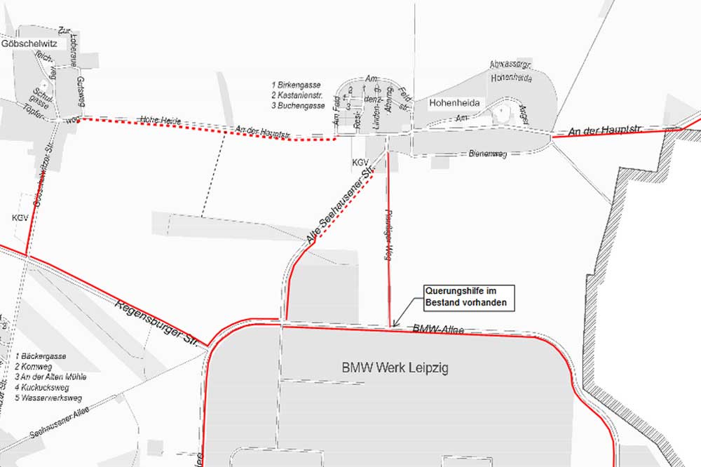 Die fehlenden Radwege bei Göbschelwitz und Hohenheida (gestrichelte Linien). Karte: Stadt Leipzig