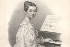 Clara Wieck als 16-Jährige am Klavier sitzend. Lithografie von Julius Gierre, 1835. Quelle: Stadtgeschichtliches Museum