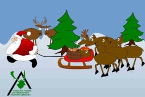 Comic-Bild mit einem Weihnachtsmann, der einen Schlitten mit Futter zieht, dem Rehe folgen.