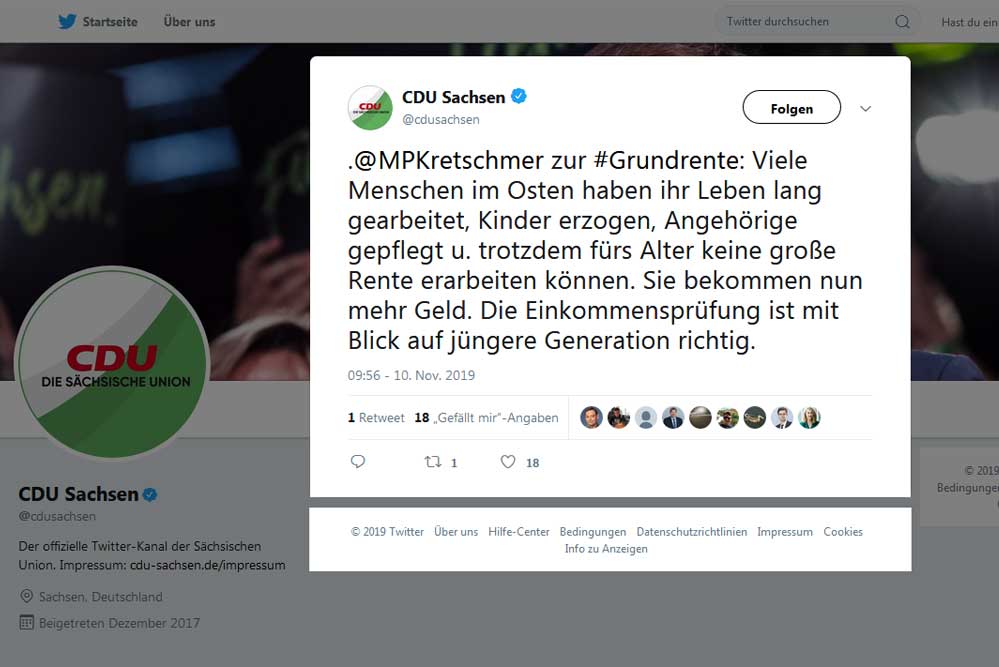 Der Tweet von Michael Kretschmer zum Grundrenten-Kompromiss. Screenshot: L-IZ