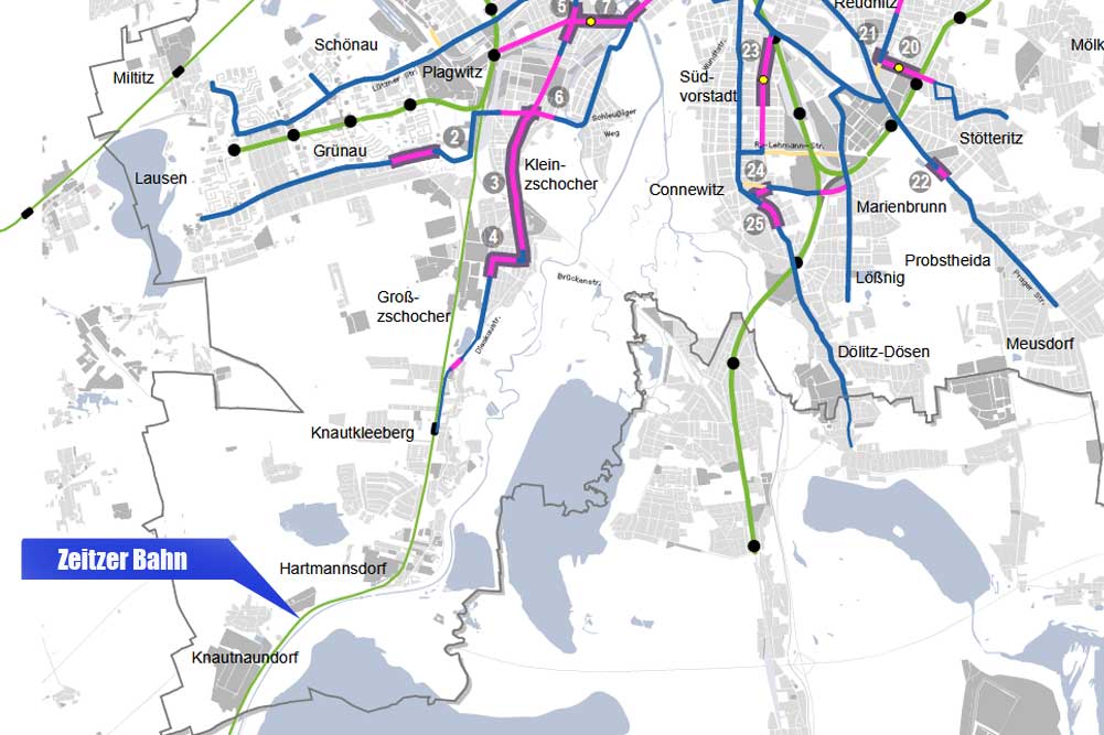 Die Zeitzer Bahnstrecke im Südwesten. Karte: Stadt Leipzig, Nahverkehrsplan 2019