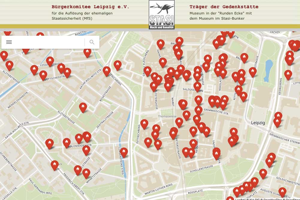 Zoom auf die Leipziger Innenstadt mit den konspirativen Objekten des MfS. Screenshot: L-IZ