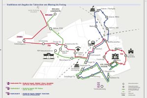 Das neue Torgauer Stadtverkehrsnetz mit drei Buslinien, Anbindung des Industriegebiets Nordwest und Übergang am Bahnhof zum Zugverkehr. Grafik: OVH