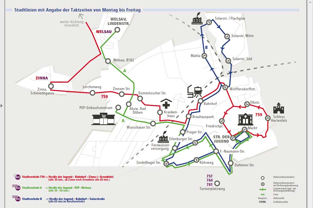 Das neue Torgauer Stadtverkehrsnetz mit drei Buslinien, Anbindung des Industriegebiets Nordwest und Übergang am Bahnhof zum Zugverkehr. Grafik: OVH