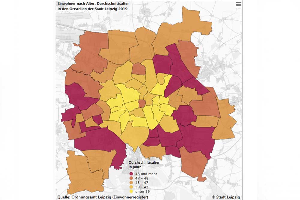 Ortsteile nach Durchschnittsalter. Karte: Stadt Leipzig
