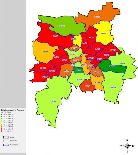 Schuldnerquoten nach Postleitzahlbezirken in Leipzig. Karte: Creditreform