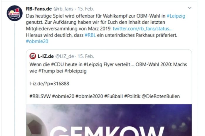 Tweet von RB-Fans am 15. Februar 2020 zur Flyeraktion der CDU (L-IZ.de berichtete). Screen Twitter