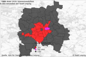 Die jeweils höchsten Stimmenanteile in den Wahlbezirken. Grafik: Stadt Leipzig