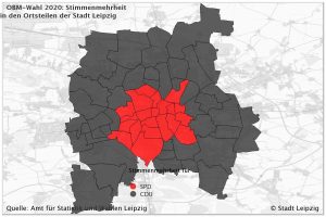 Stadtteilkarte der Stimmenverteilungen 2020 in Leipzig zur OBM-Wahl. Bild: Leipzig.de