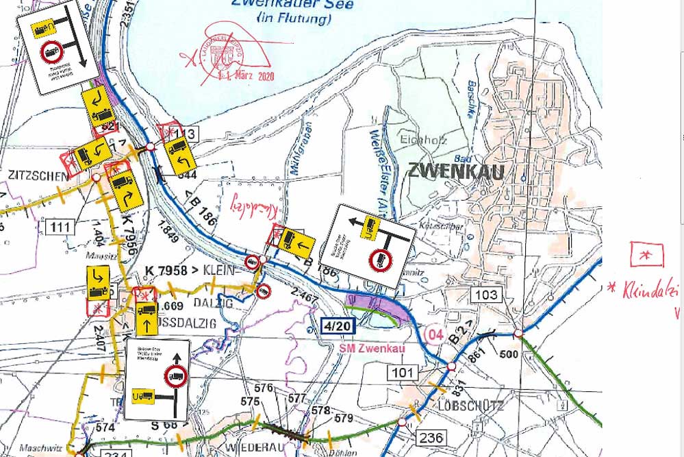 Die Umleitungsrouten für die Brücke bei Kleindalzig. Grafik: Landkreis Leipzig