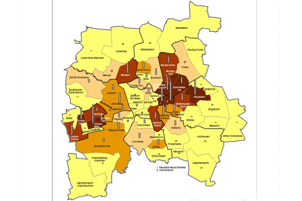 Anteil der Sozialgeldempfänger/-innen an den unter 15-Jährigen 2018. (Braun: über 30 %, Gelb: unter 10 %). Grafik: Stadt Leipzig, Sozialreport 2019