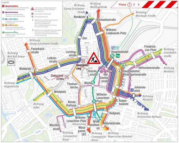 Straßenbahnumleitungen rund um die Baustelle Goerdelerring vom 30. März bis Juni. Karte. LVB