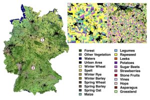 Deutschlandkarte Landbedeckung. Der Algorithmus identifiziert 19 verschiedene Feldfruchtarten mit einer Genauigkeit von 88 Prozent. © UFZ