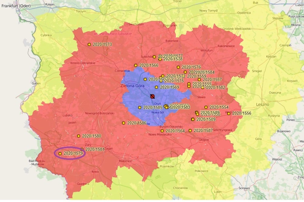 Nächster Fundort eines positiven getesteten Wildschweins (2020/1579) © SMS
