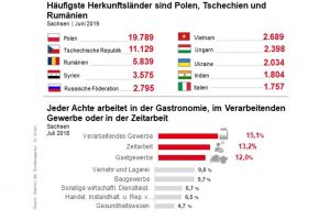 Woher ausländische Arbeitnehmer in Sachsen kommen und wo sie arbeiten. Grafik: Arbeitsagentur Sachsen