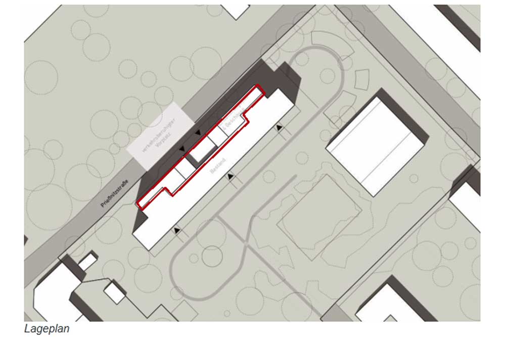 Lageskizze mit dem vorgesetzten neuen Baukörper (rot umrandet): Grafik: Stadt Leipzig