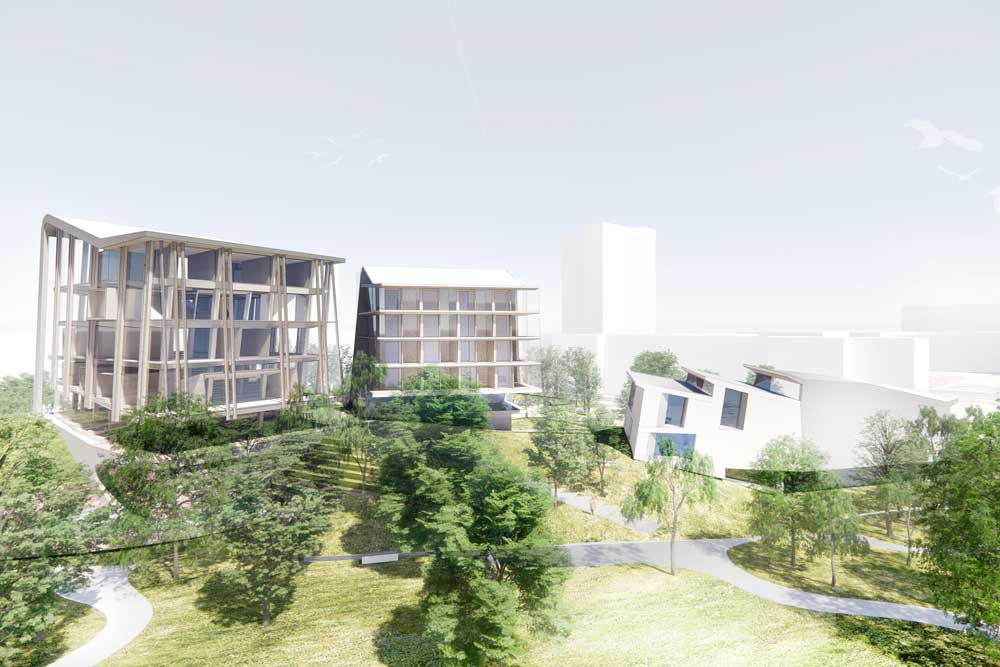 So sollen Kita und Musikakademie auf dem Gelände von Gurken-Schumann aussehen. Visualisierung: Snøhetta, Innsbruck, Österreich