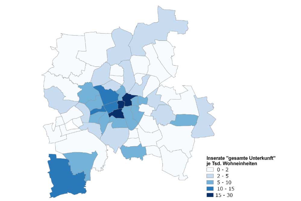 Verteilung der angebotenen Ferienwohnungen im Stadtgebiet. Grafik: Stadt Leipzig