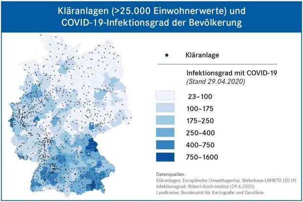 Große Kläranlagen sind entsprechend der Einwohnerdichte über Gesamtdeutschland verteilt. Ein Abwassermonitoring könnte Infektionsherde bundesweit früh quantitativ, örtlich differenziert und in ihrem zeitlichen Verlauf erfassen. Foto: UFZ (Karte)