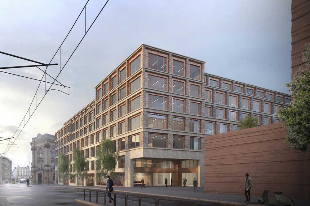 Entwurf für das neue Gebäude zwischen Wächterstraße und Nonnenmühlgasse. Visualisierung: Unnewehr Packbauer Architekten / grauwald studio