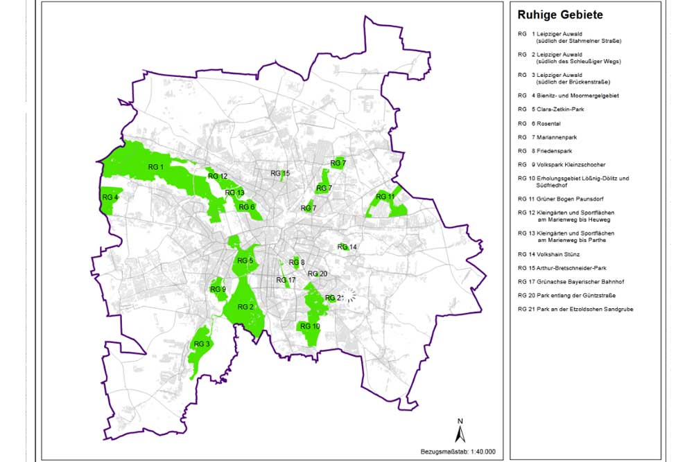 „Ruhige Gebiete“ im Lärmaktionsplan. Karte: Stadt Leipzig, Lärmaktionsplan