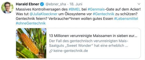 Tweet von Harald Ebner zum "Genmais-Gate". Screenshot: Harald Ebner