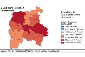 Zunahme der Haushalte mit drei und mehr Personen in den Stadtteilen bis 2025. Grafik: Stadt Leipzig, Quartalsbericht IV / 2019