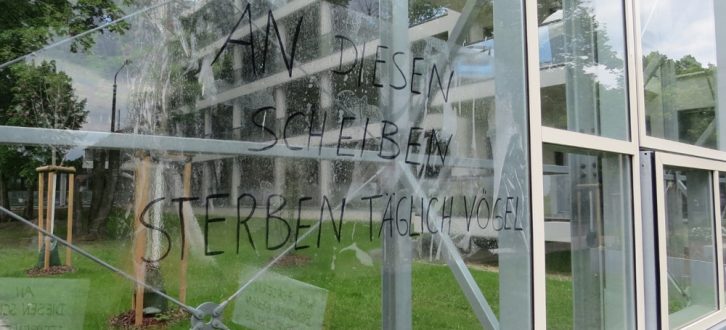 Hinweis an Passanten und Anwohner: „An diesen Scheiben sterben täglich Vögel“. Foto: NABU Leipzig