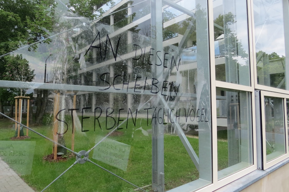 Hinweis an Passanten und Anwohner: „An diesen Scheiben sterben täglich Vögel“. Foto: NABU Leipzig