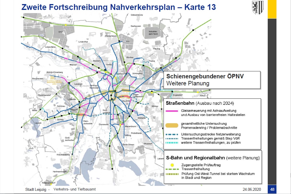 Lauter Prüfaufträge zum ÖPNV aus dem Nahverkehrsplan 2019. Karte: Stadt Leipzig