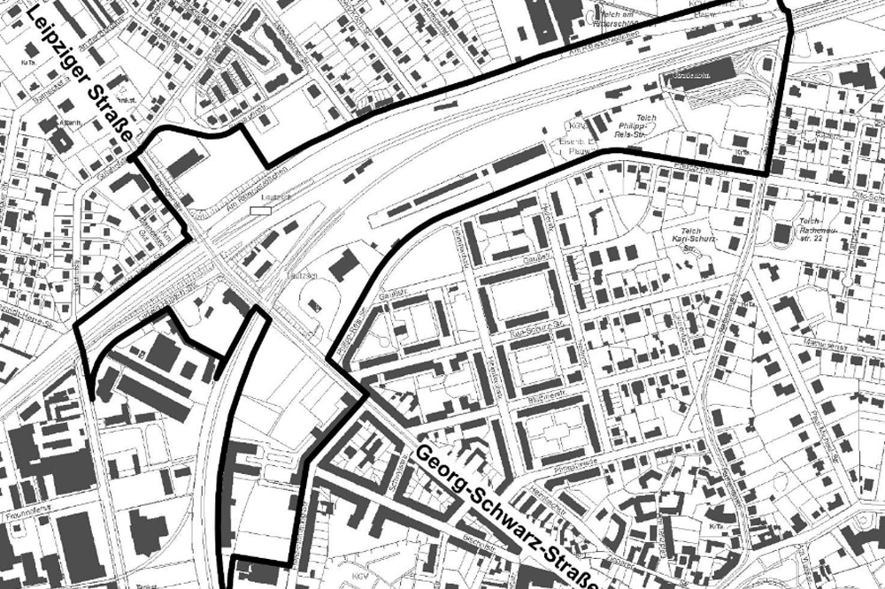 Das Plangebiet zwischen Ludwig-Hupfeld-Straße (unten) und dem ehemaligen Straßenbahndepot der LVB (oben). Grafik: Stadt Leipzig