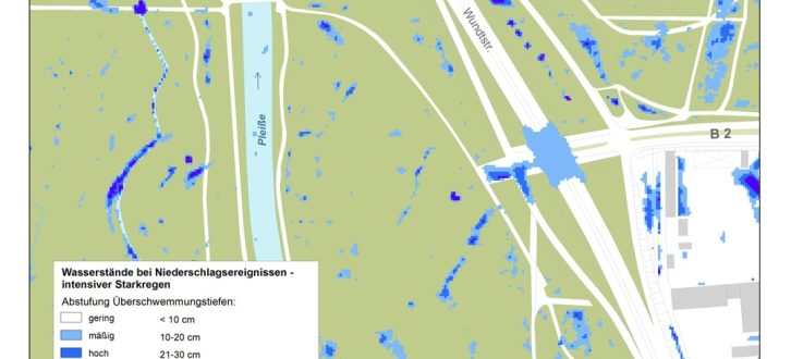 Ausschnitt der Starkregen-Gefahrenkarte zwischen Paußnitz und Wundstraße. Karte: Stadt Leipzig, Amt für Geoinformation und Bodenordnung, Verkehrs- und Tiefbauamt