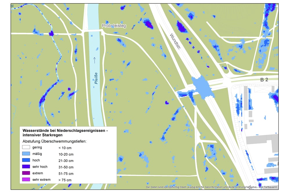 Ausschnitt der Starkregen-Gefahrenkarte zwischen Paußnitz und Wundstraße. Karte: Stadt Leipzig, Amt für Geoinformation und Bodenordnung, Verkehrs- und Tiefbauamt