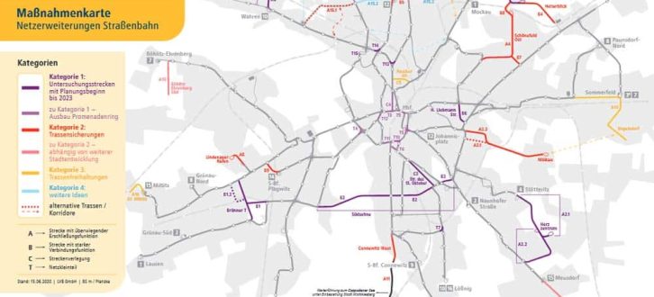 Alle angedachten Erweiterungen im Straßenbahnetz der LVB. Karte: Stadt Leipzig