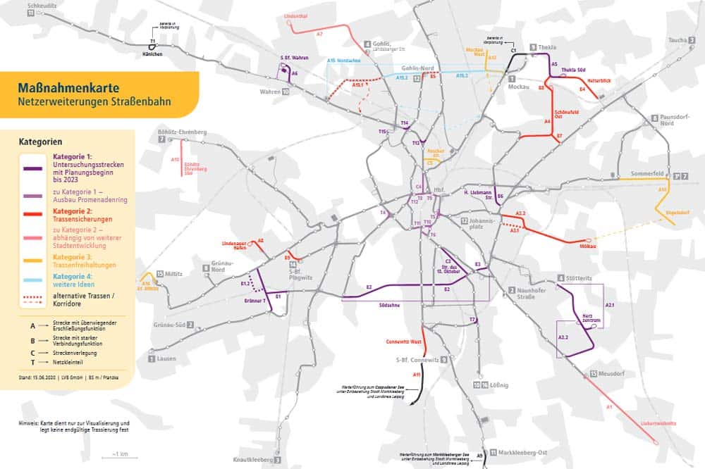 Alle angedachten Erweiterungen im Straßenbahnetz der LVB. Karte: Stadt Leipzig