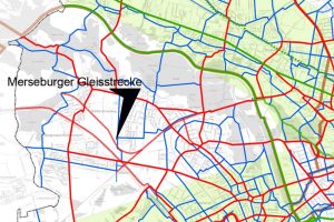Die Merseburger Gleisstrecke auf der Karte HauptnetzRad der Stadt Leipzig. Karte: Stadt Leipzig