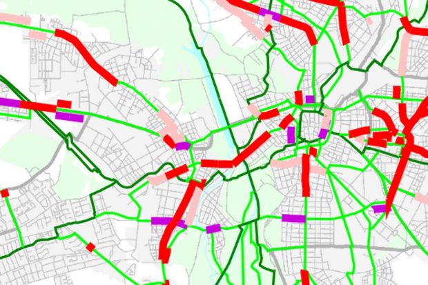 Radverkehrsentwicklkungsplan 2010 - 2020: Die Führungsmängel im Hauptnetz Radverkehr. Die Jahnallee gilt hier (grün) als vorbildlich. Karte: Stadt Leipzig