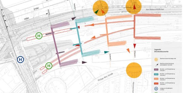 Die untersuchten Varianten für eine Verbindung für Fußgänger und Radfahrer von Leutzsch nach Böhlitz-Ehrenberg. Grafik: Stadt Leipzig