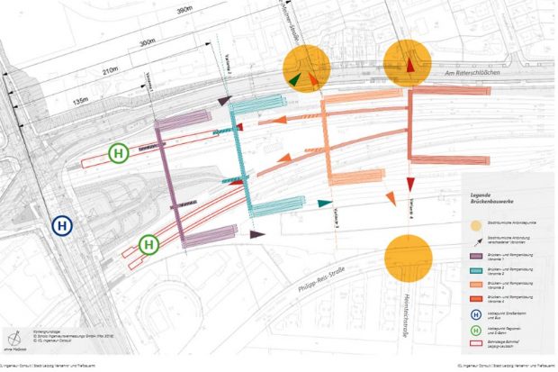 Die untersuchten Varianten für eine Verbindung für Fußgänger und Radfahrer von Leutzsch nach Böhlitz-Ehrenberg. Grafik: Stadt Leipzig