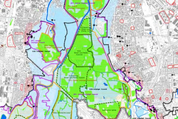 Ausschnitt aus der Schutzgebietskarte mit dem NSG Elster-Pleiße-Auwald. Karte: Stadt Leipzig