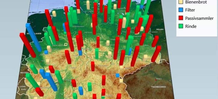 Die Messtellen und die Anzahl der gefundenen Pestizide vor Ort. Grafik: Umweltinstitut München