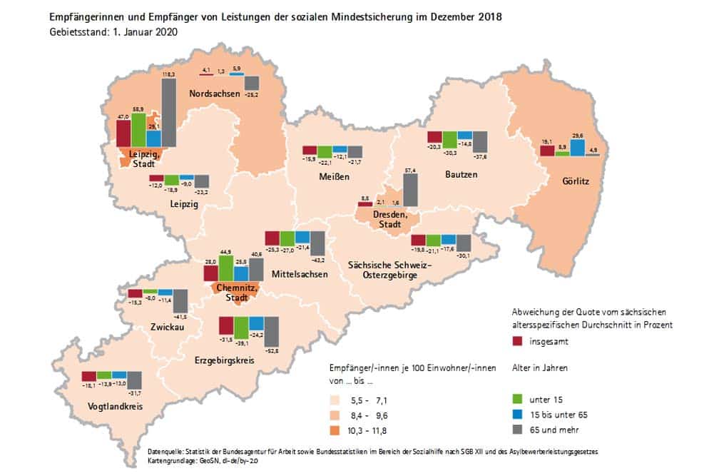 Soziale Mindestsicherung in Sachsen. Karte: Freistaat Sachsen / Statistisches Landesamt