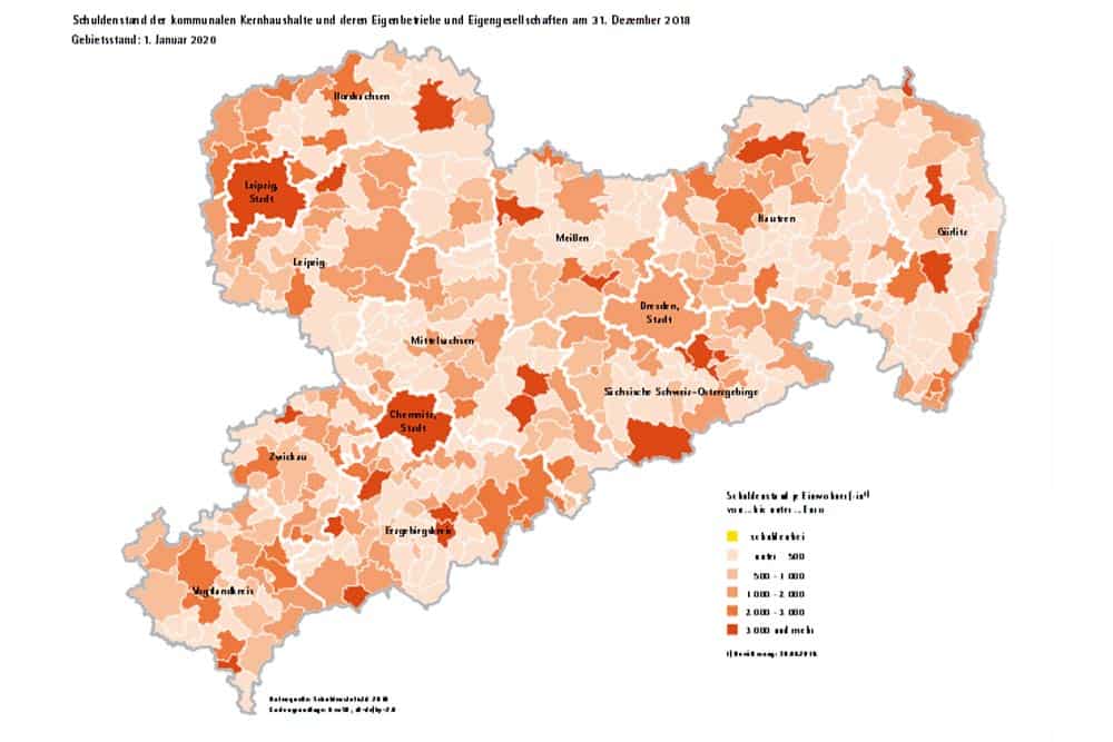 Schuldenstand der Gemeinden in Sachsen. Karte: Freistaat Sachsen, Statistisches Landesamt