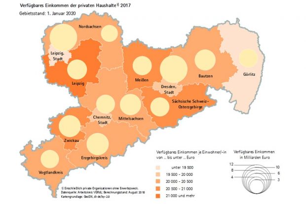 Die verfügbaren Haushaltseinkommen in Sachsen. Karte: Freistaat Sachsen / Statistisches Landesamt
