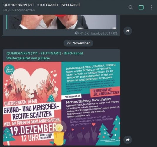 Soweit dann wohl erstmals klargestellt? Der 19.12.2020 in Leipzig muss also ohne "Querdenken" auskommen? Screen Telegram-Kanal "Querdenken 711"