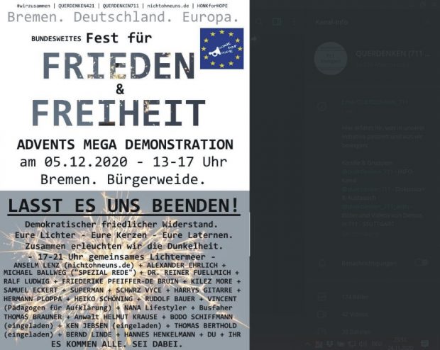 Bewerbung bei Querdenken Stuttgart 711: "Lasst es uns beenden" wie am 21.11.2020 in Leipzig. Screen Telegram "Querdenken 711"